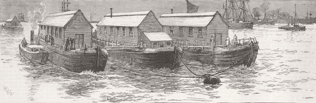 LONDON. Smallpox epidemic-floating hospital, Thames 1881 old antique print